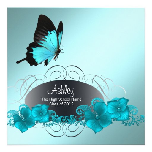 Teal Blue Butterfly Graduation Announcements (front side)