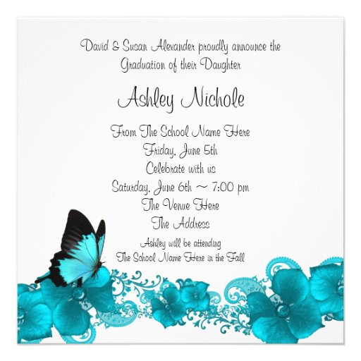 Teal Blue Butterfly Graduation Announcements