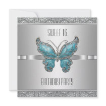 Teal Blue Butterfly Sweet 16 Birthday Party Custom Announcements