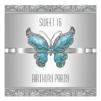 Teal Blue Butterfly Sweet 16 Birthday Party invitations
