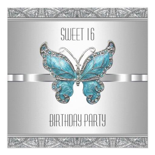 Teal Blue Butterfly Sweet 16 Birthday Party Custom Announcements