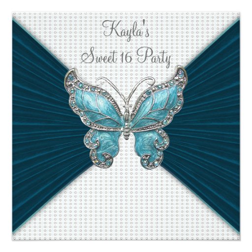 Teal Blue Butterfly Sweet Sixteen Birthday Party Personalized Announcements