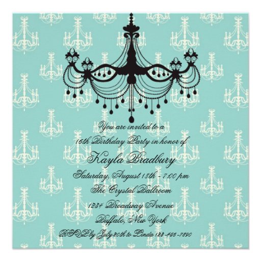 Teal Blue Chandelier Sweet 16 Party Announcements
