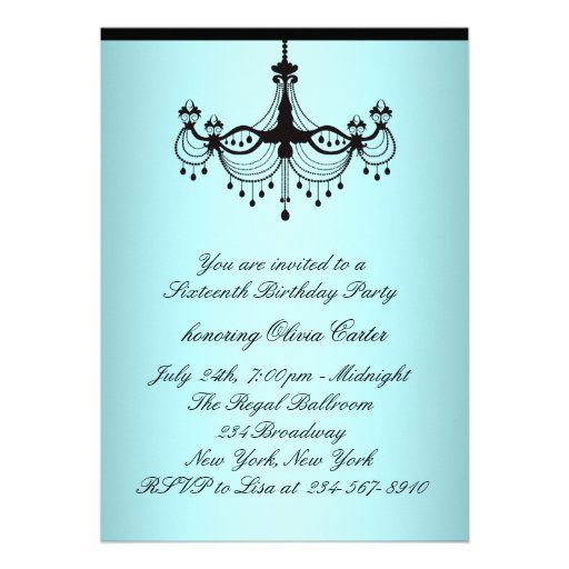 Teal Blue Chandelier Sweet Sixteen Birthday Party Invite