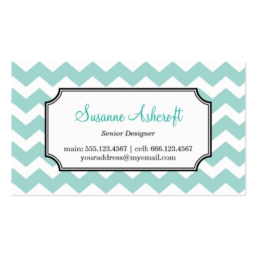 Teal blue chevron zigzag pattern stylish personal business cards (front side)