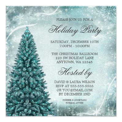 Teal Blue Christmas Tree Holiday Party Custom Announcements