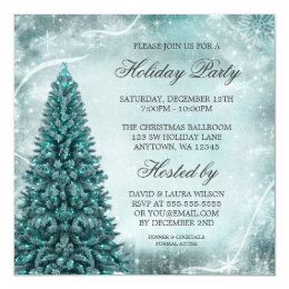 Teal Blue Christmas Tree Holiday Party 5.25x5.25 Square Paper Invitation Card