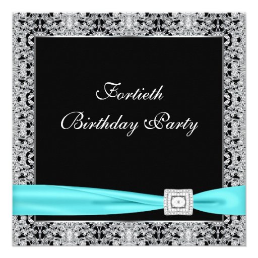 Teal Blue Classy Black 40th Birthday Party Personalized Invitation