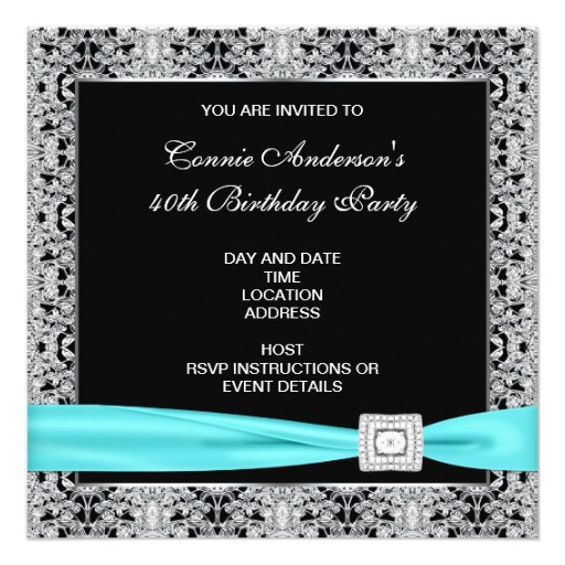 Teal Blue Classy Black 40th Birthday Party Personalized Invitation