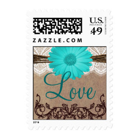 Teal Blue Daisy LOVE Wedding Postage Stamps