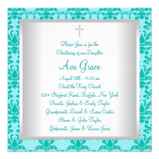 Teal Blue Damask Baby Baptism Christening Personalized Invites