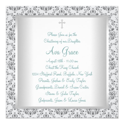 Teal Blue Damask Baby Baptism Christening Custom Invite