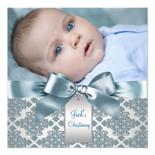 Teal Blue Damask Baby Boy Photo Christening Personalized Invites