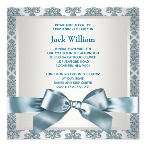 Teal Blue Damask Baby Boy Photo Christening Personalized Invites