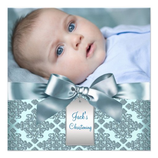 Teal Blue Damask Baby Boy Photo Christening Personalized Announcement