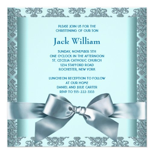 Teal Blue Damask Baby Boy Photo Christening Personalized Announcement