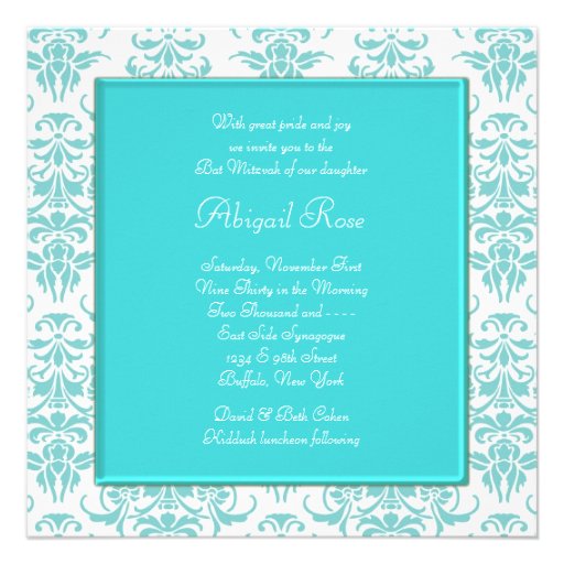 Teal Blue Damask Bat Mitzvah Announcement