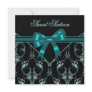 Teal Blue Damask Black Sweet 16 Party invitation