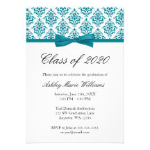 Teal Blue Damask Bow Graduation Announcement