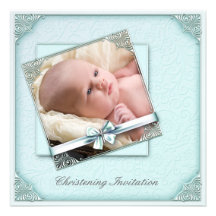 Teal Blue Damask Girl Photo Christening Invitations