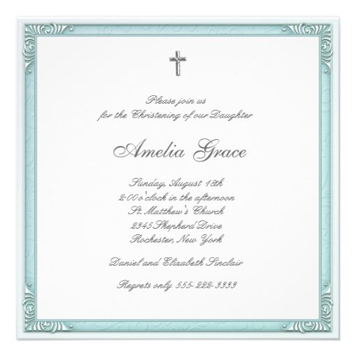 Teal Blue Damask Girl Photo Christening Invitations