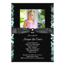 Teal Blue Damask Photo Graduation Announcement invitations