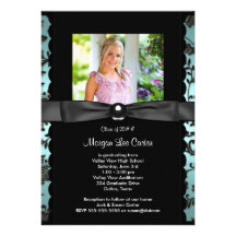 Teal Blue Damask Photo Graduation Announcement
