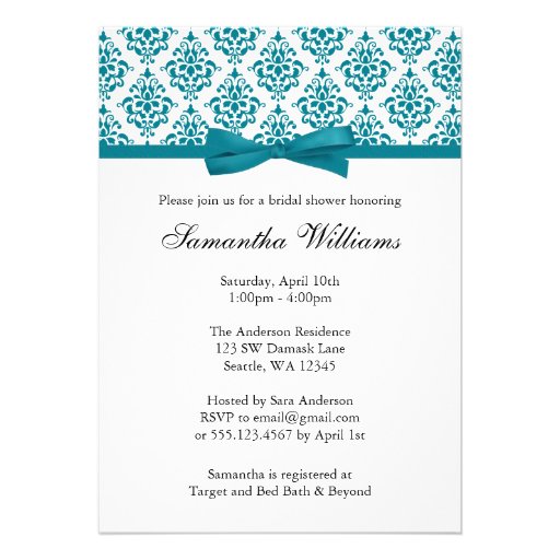 Teal Blue Damask Ribbon Bow Bridal Shower Invitation