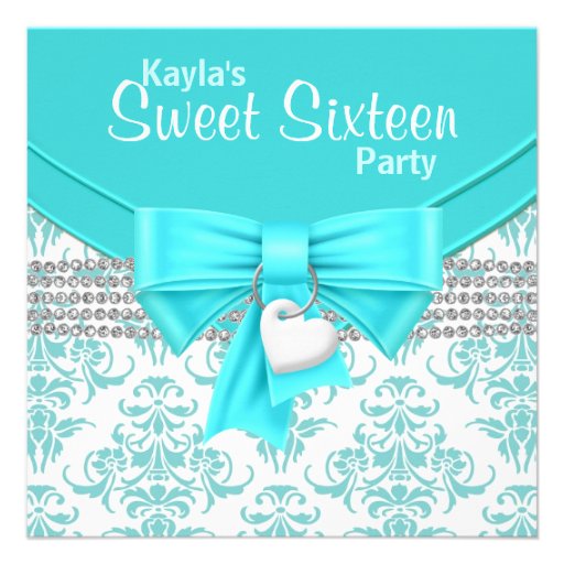 Teal Blue Damask Sweet 16 Party Announcements