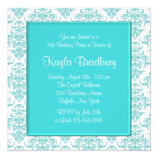 Teal Blue Damask Sweet 16 Party Announcements