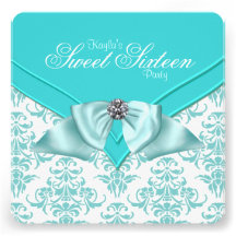 Teal Blue Damask Sweet 16 Party Custom Invitation