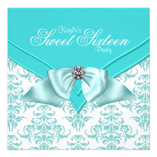 Teal Blue Damask Sweet 16 Party Custom Invitation