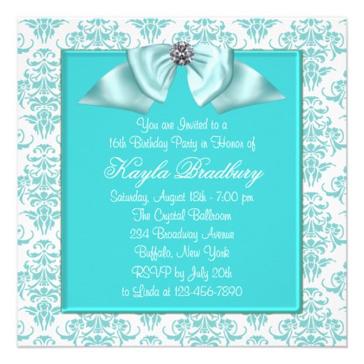 Teal Blue Damask Sweet 16 Party Custom Invitation