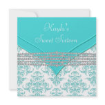 Teal Blue Damask Sweet 16 Party Custom Announcements