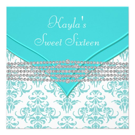 Teal Blue Damask Sweet 16 Party Custom Announcements