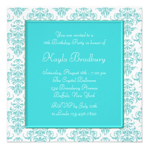Teal Blue Damask Sweet 16 Party Custom Announcements