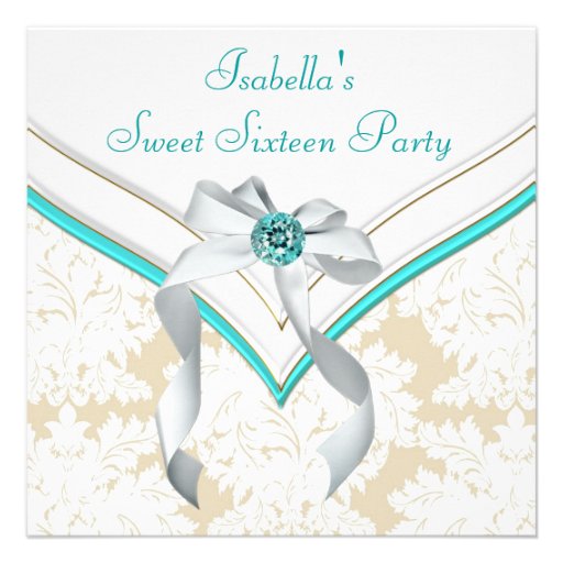 Teal Blue Damask Sweet 16 Party Invitation (front side)