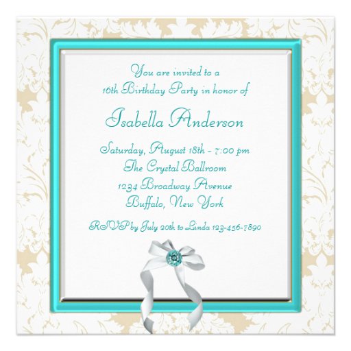Teal Blue Damask Sweet 16 Party Invitation