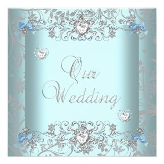 Teal Blue Damask Wedding Silver Diamond Hearts Custom Announcements