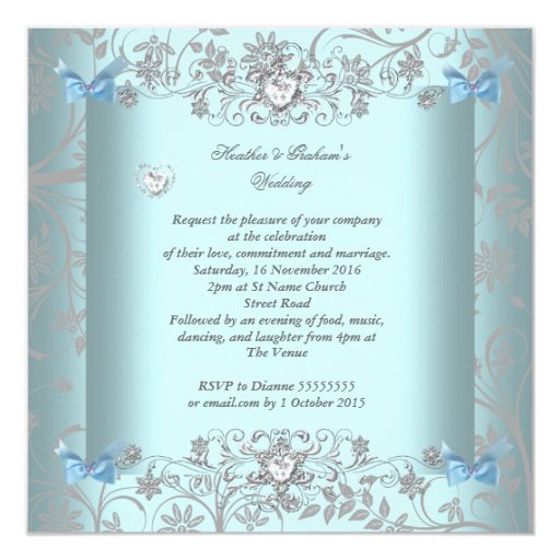 Teal Blue Damask Wedding Silver Diamond Hearts Custom Announcements