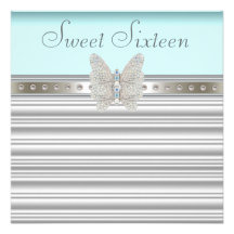 Teal Blue Diamond Butterfly Sweet Sixteen Birthday Custom Announcements