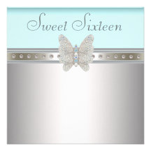 Teal Blue Diamond Butterfly Sweet Sixteen Birthday Personalized Announcement