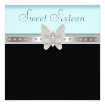 Teal Blue Diamond Butterfly Sweet Sixteen Birthday Invitation