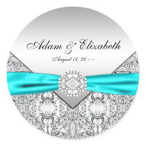 Teal Blue Diamond Wedding Favor Labels Round Stickers