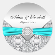 Teal Blue Diamond Wedding Favor Labels Round Stickers