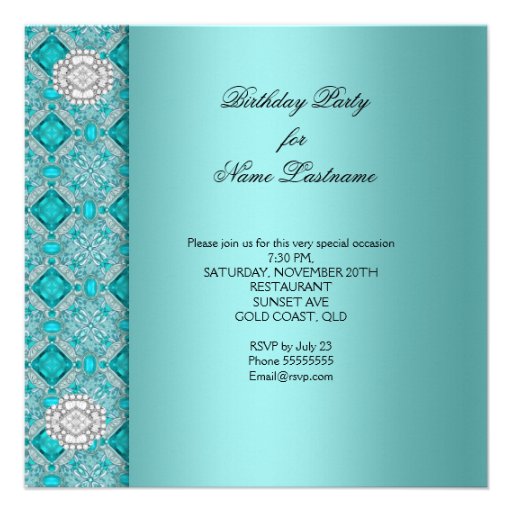 Teal Blue Diamonds Elegant Birthday Party Custom Announcements