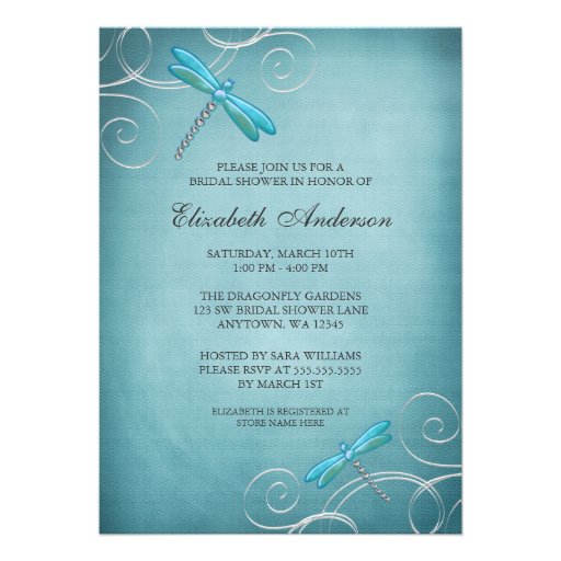 Teal Blue Dragonfly Swirls Bridal Shower Invitations