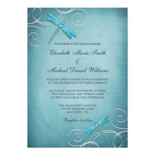 Teal Blue Dragonfly Swirls Wedding Custom Invites