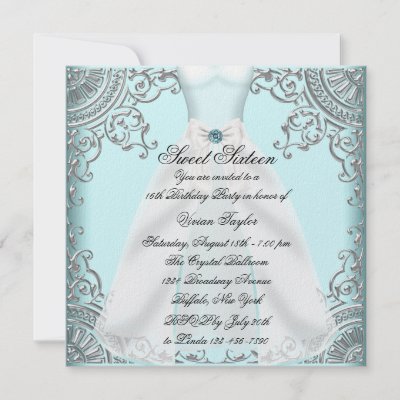 Teal Blue Dress Teal Sweet 16 Birthday Party Personalized Invitations