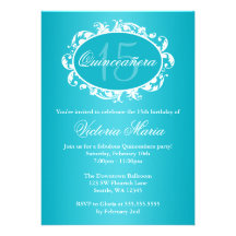 Teal Blue Elegant Swirl Quinceanera Birthday Party Invites